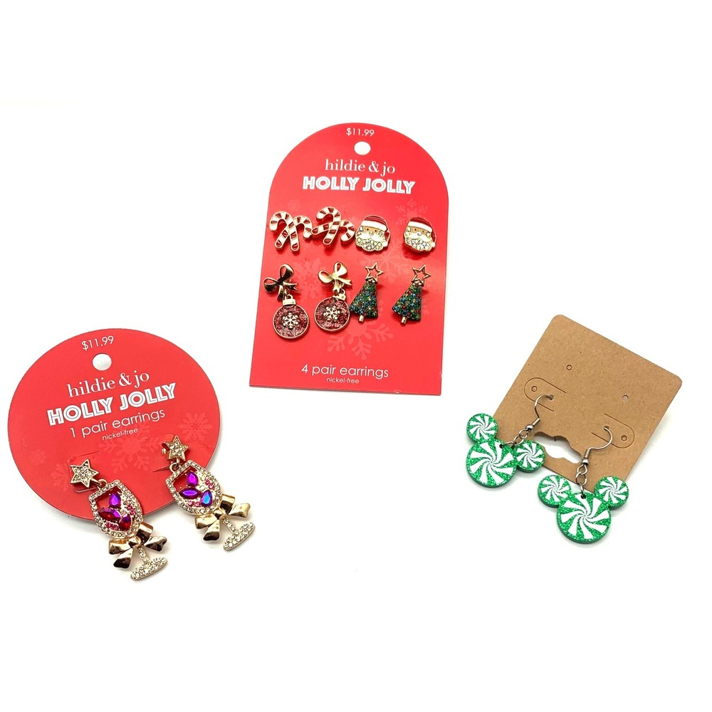 Christmas Earrings Lot 6 Pairs Mickey Peppermint Candy Cane Santa Tree